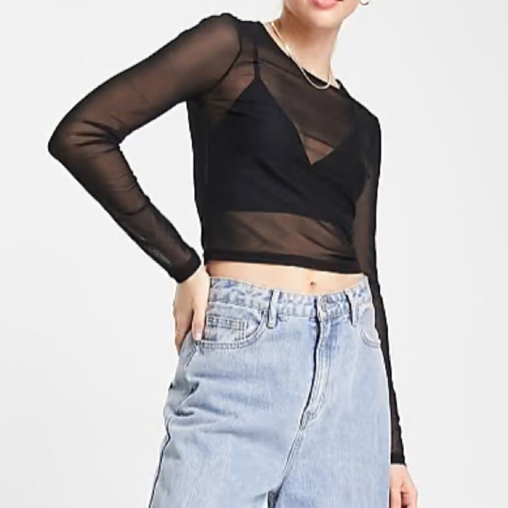ASOS DESIGN Tall cropped long sleeve mesh top in black Black / US 10